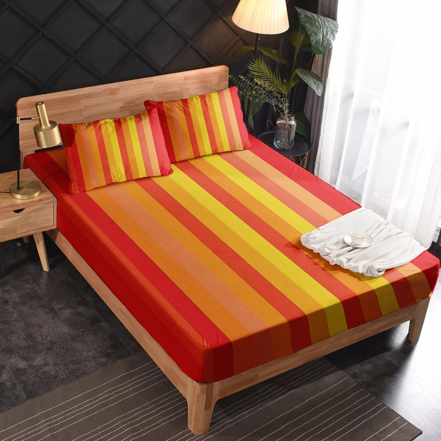 zcsm Queen Sheet Set - Striped Bed Sheets, Burnt Orange and Yellow Stripe Bedding Sheets & Pillowcases, Soft & Deep Pocket & Wrinkle Free Sheet Set, 1 Fitted Sheet, 1 Flat Sheet, 2 Pillow Cases