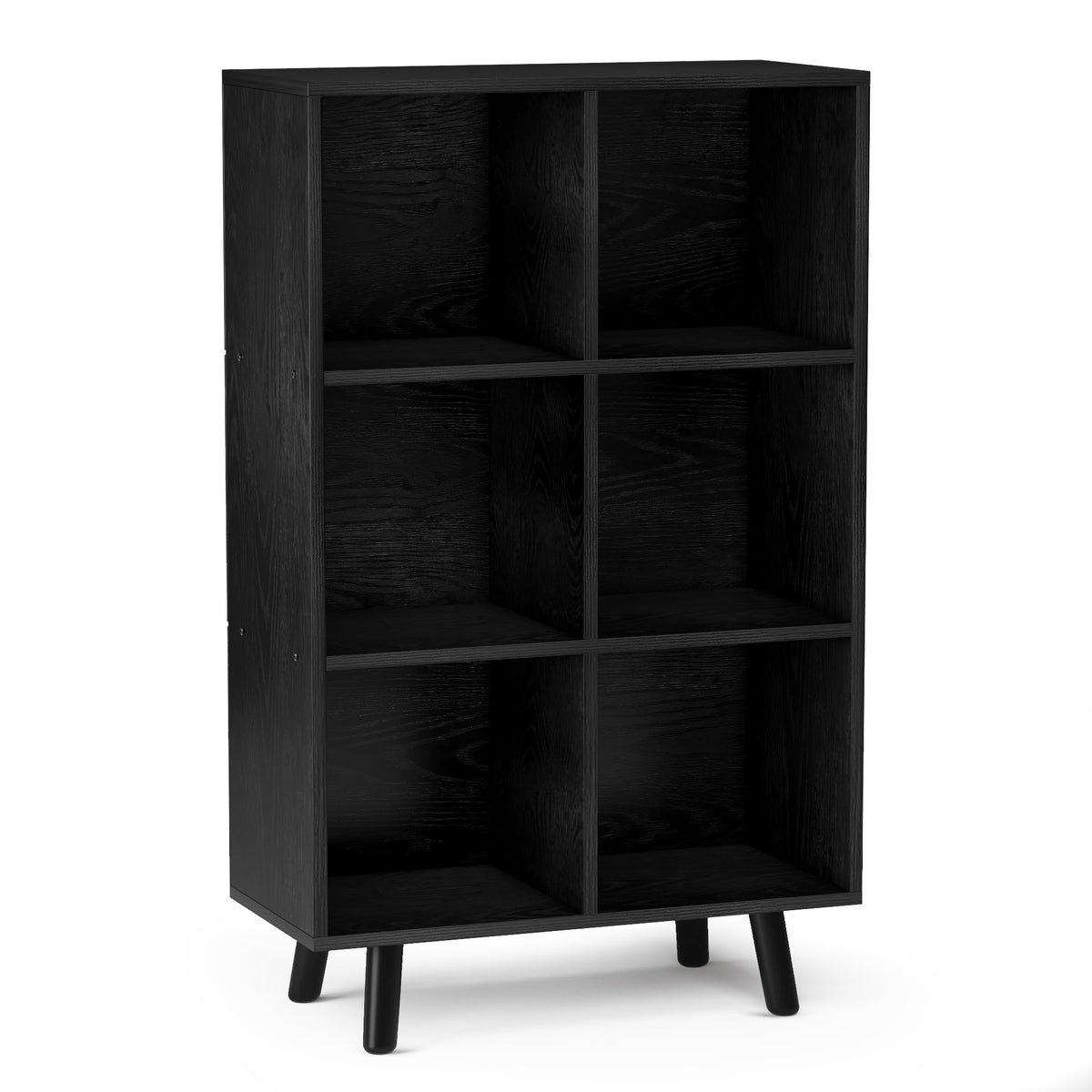 ELYUP 6-Cube Open Shelf Bookcase - 3-Tier Wooden Floor-Standing Bookshelf with Legs and Backpanel, Ideal for 11-inch Fabric Storage Bins and Miscellaneous Organizer, Black