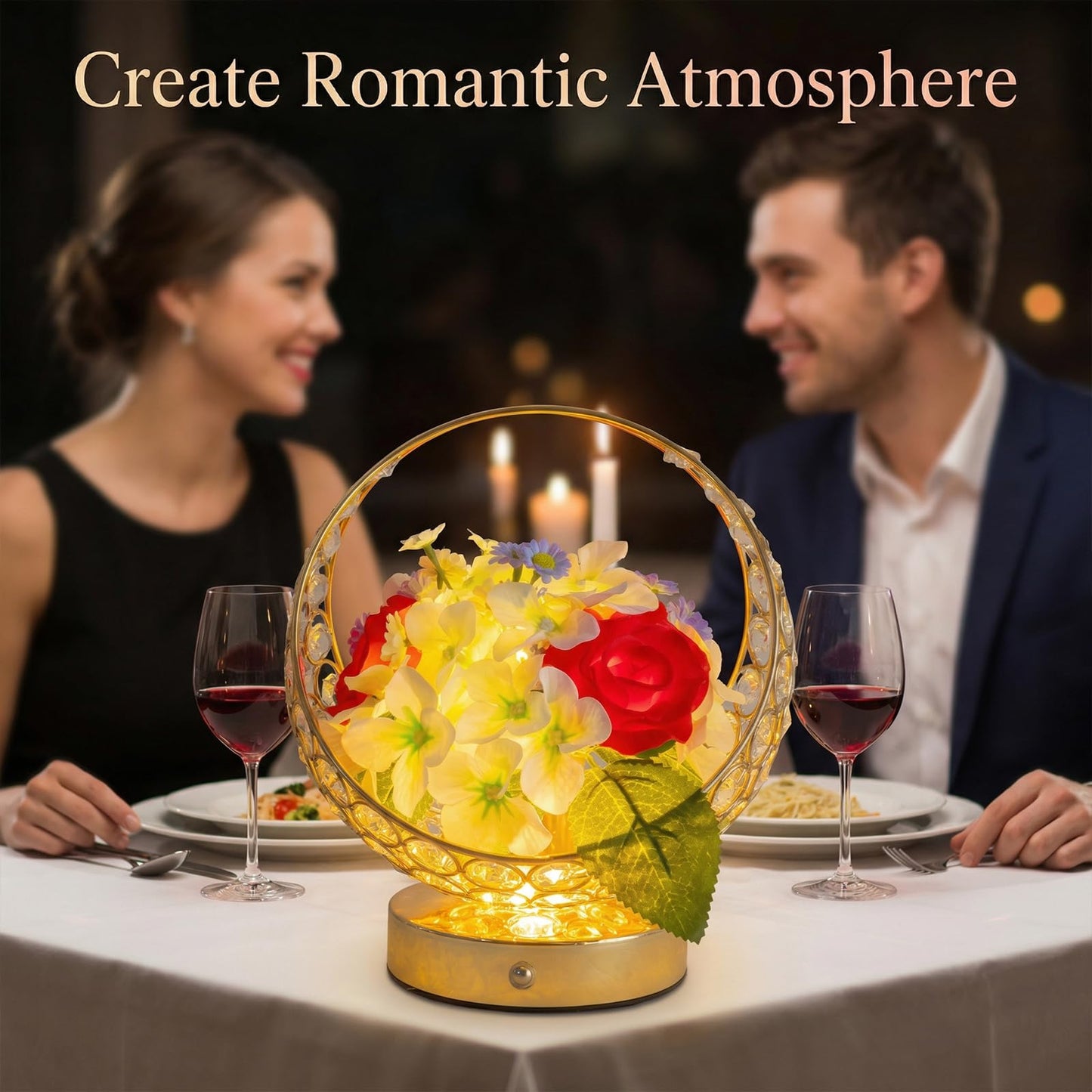 MMHF Rose LED Table Lamp, Modern Gold Crystal Bedside Lamp, Dimmable Touch Control Night Light for Bedroom Living Room Home Office, Romantic Warm Lighting Decorative Lamp