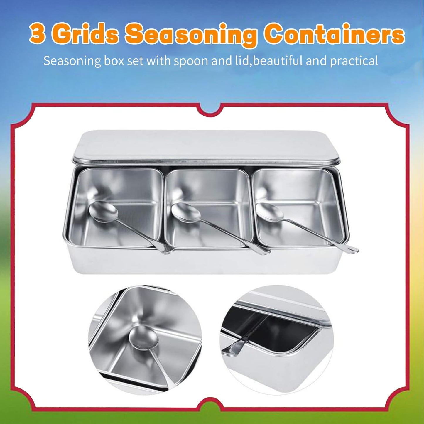 TOTITOM Seasoning Condiment Container, 3 Compartment 304 Stainless Steel Seasoning Organizer Box with Lids Spoons, for Snacks Flour Dry Goods Fruits Ingredient Kitchen Restaurant Pantry