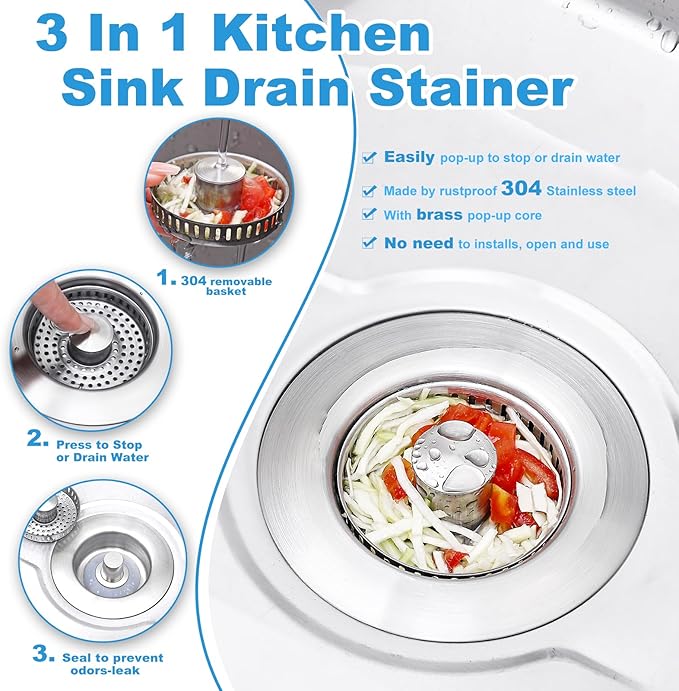 3-in-1 Kitchen Sink Drain Strainer & Stopper
