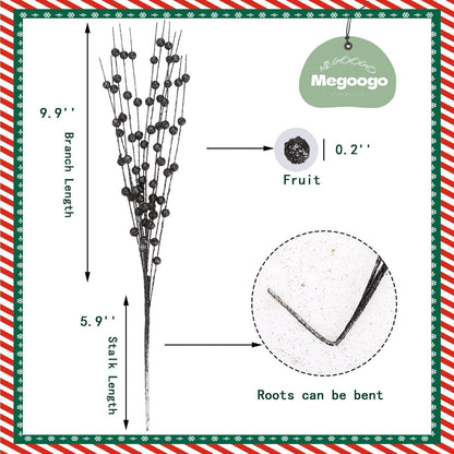 Megoogo 12 PCS Artificial Glitter Berry, Black Glitter Picks Artificial Berries Stems for Christmas Ornaments Fake Stem Decorative Sticks for Vases Tall DIY Wreath Halloween Decor