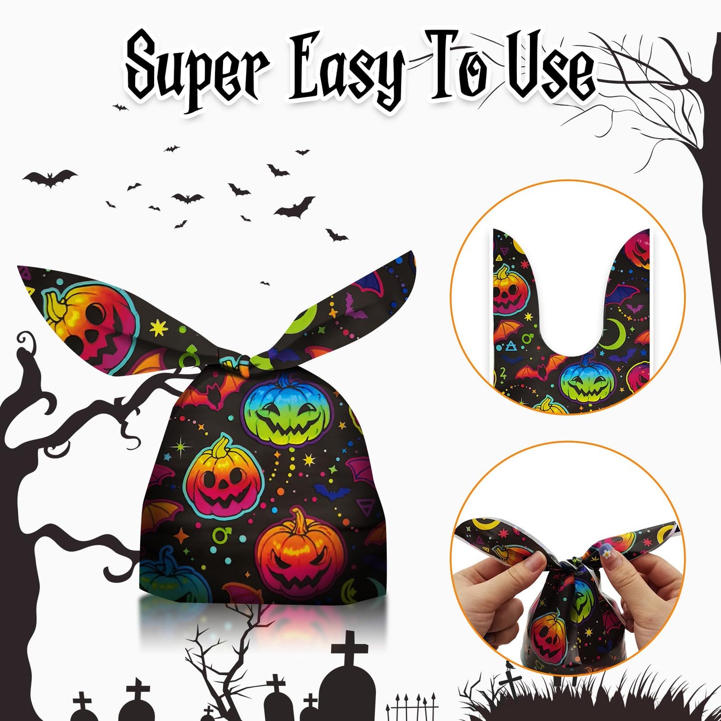 Halloween Treat Candy Bags 100pcs, Kids Small Halloween Goodie Bags Bulk, Plastic Halloween Bags for Trick or Treat, Party Favor, Popcorn, Snack and Cookie with Pumpkin, Ghost，Cat Elements