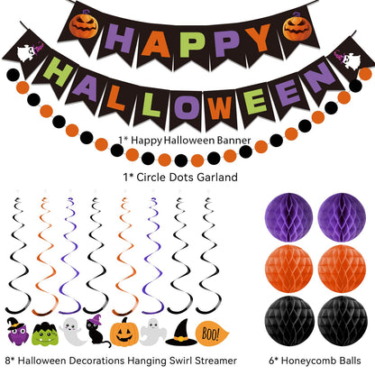 meowtastic Happy Halloween Banner Decorations - Halloween Banner with Honeycomb Ball, Hanging Swirl Streamer, Circle Dot Garland Decorations for theme Party Decorations