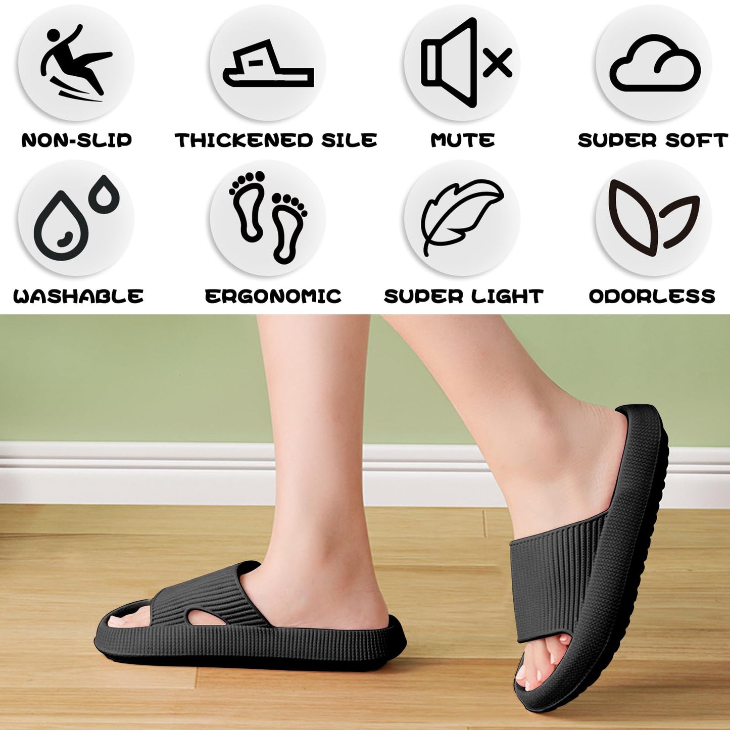 BHFRGAS Sliders Cloud Slippers Women Men，Non-Slip Mens Womens Slippers Cloud Sliders，Soft Flip Flops with Thick Sole for Shower Bathroom Pool Beach，Black, 8-9 UK