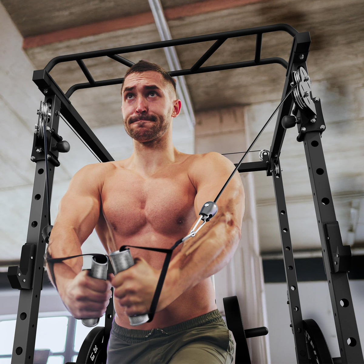 RitFit Multi-Function Power Rack Cage PPC-P3 with Adjustable Cable Crossover System,1200LBS Capacity, Full Home Gym Workout with J-Hook, Landmine and Other Attachments-Black