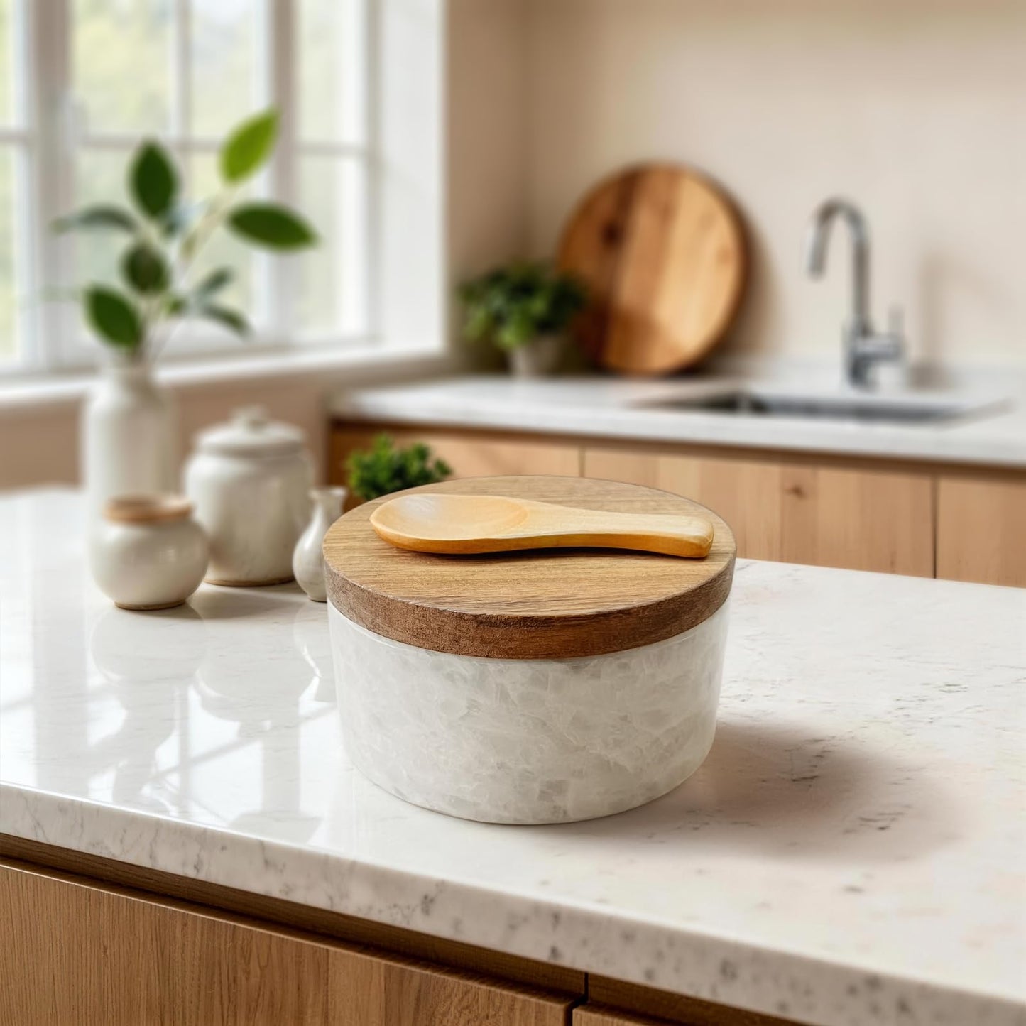 ZJSYTQS White Marble Salt cellar. Spice jars with Acacia Wood Lid and Spoon, Elegant Modern Handcrafted Container for Countertop