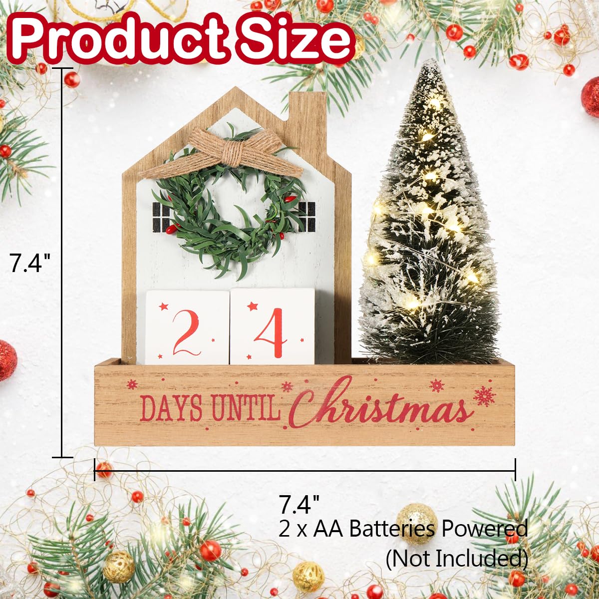 Christmas Tree Countdown Block LED Lighted 99 Days Until Christmas Wreath Calendar Tabletop with Timer Number Date Rustic Wooden Home Decor Holiday Xmas Ornament Desk Decoration Gift