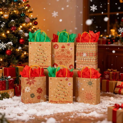 24 Christmas Kraft Gift Bags with 24 Tissue Papers, 7 x 8.6 x 3 Holiday Goody Bags with Handles, Xmas Treat Bags for Party Favors, Classroom Exchange, Present Wrapping