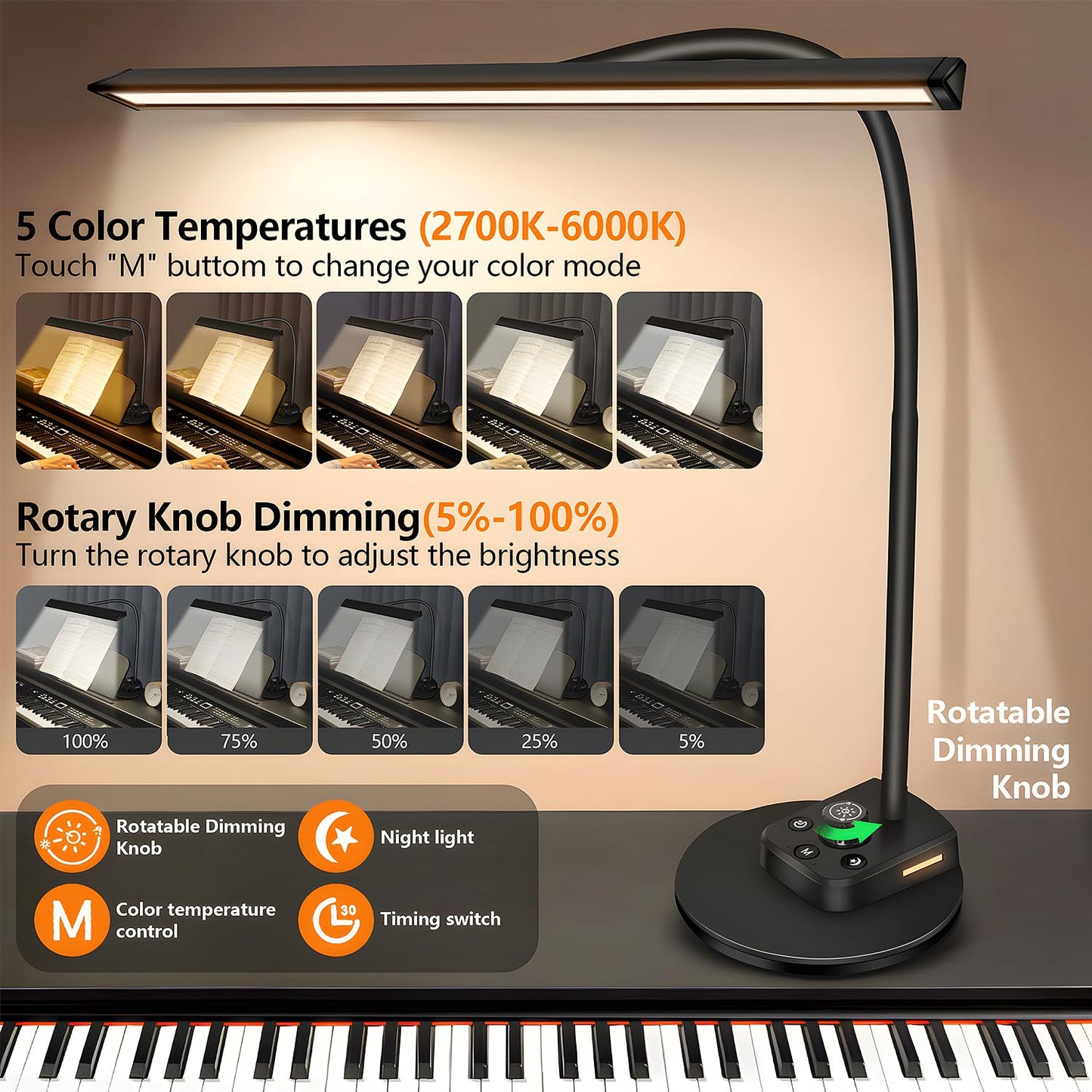 Piano Light, Upgraded LED Piano Lamp for Grand/Upright & Digital Pianos, Music Stand Lamp with Adjustable Gooseneck, Auto-Off Timer, 5 Color Modes Dimmable & USB Charging Port Eye-Care Desk Light