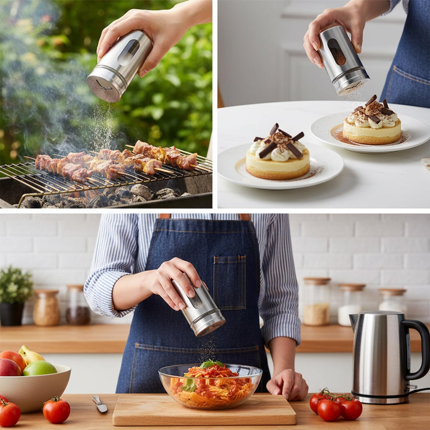 12 PCS Stainless Steel Salt and Pepper Shakers Set with Adjustable Pour Holes and Glass Window Seasoning Shakers with Rotating Lid Spice Dispenser Shaker for Seasoning, Sugar, Cinnamon, Home Kitchen