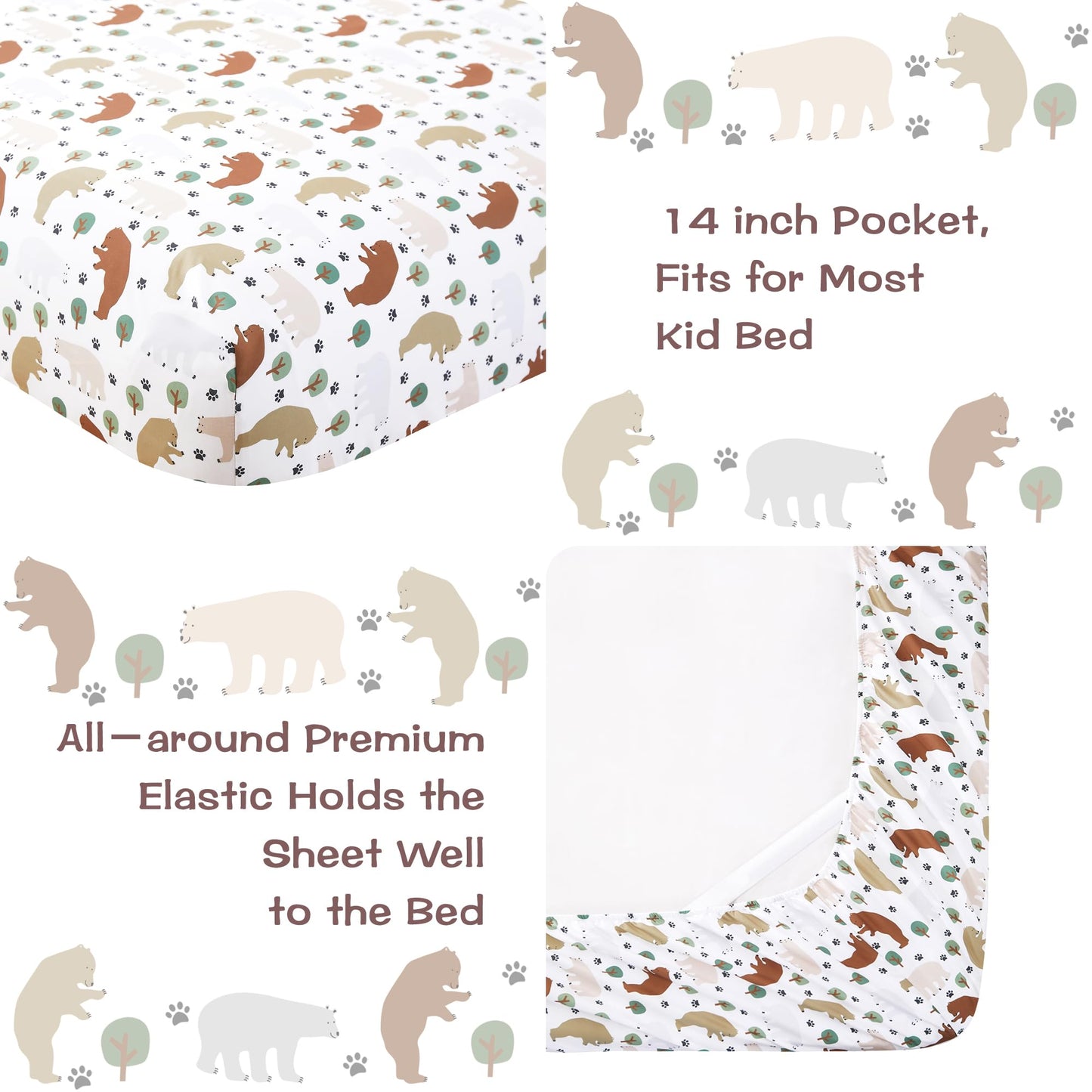 lasoftan Kids Sheet Set Twin Size, Twin Sheet Set with Forest Bear Pattern，Breathable Silky Soft Microfiber Kids Fitted Sheet