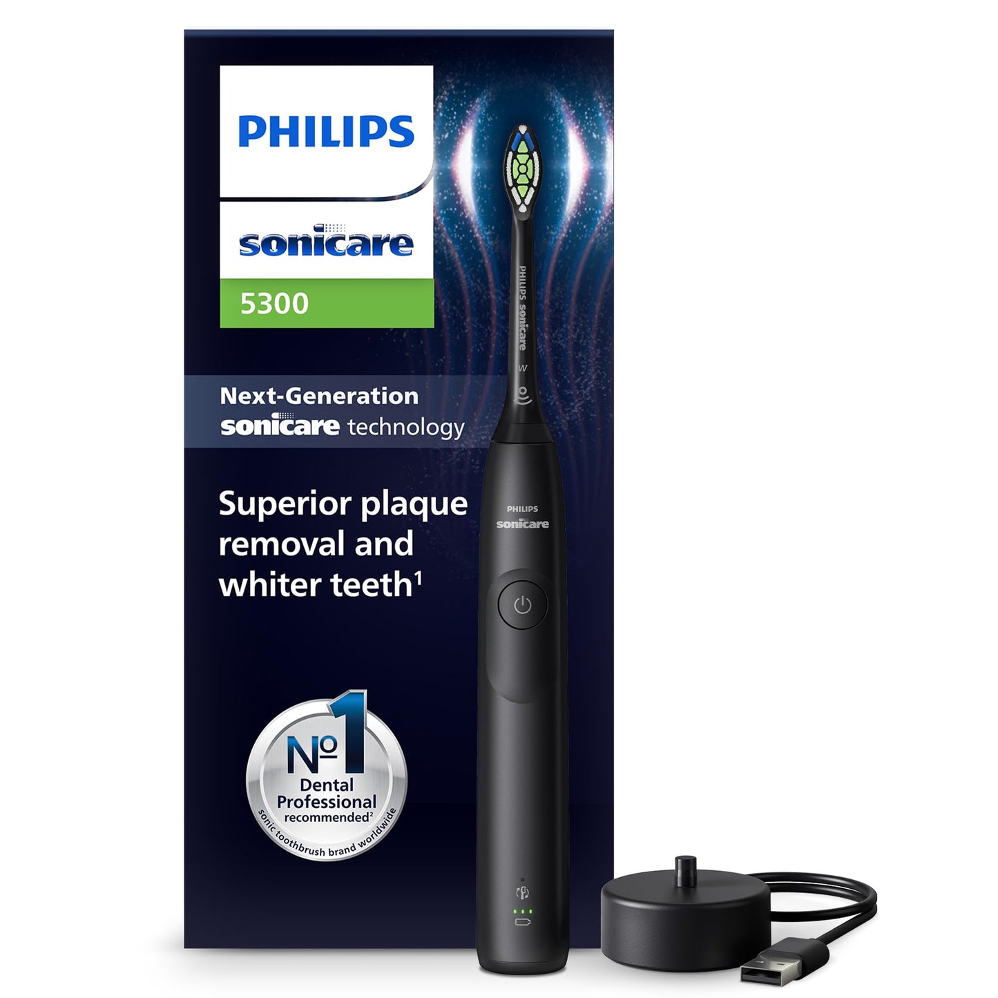 Philips Sonicare 5300 Electric Toothbrush, Sonic Toothbrush with 2 Intensity Levels, Pressure Alert, EasyStart, SmarTimer and BrushPacer, Black, Model HX7101/01 [New Technology]
