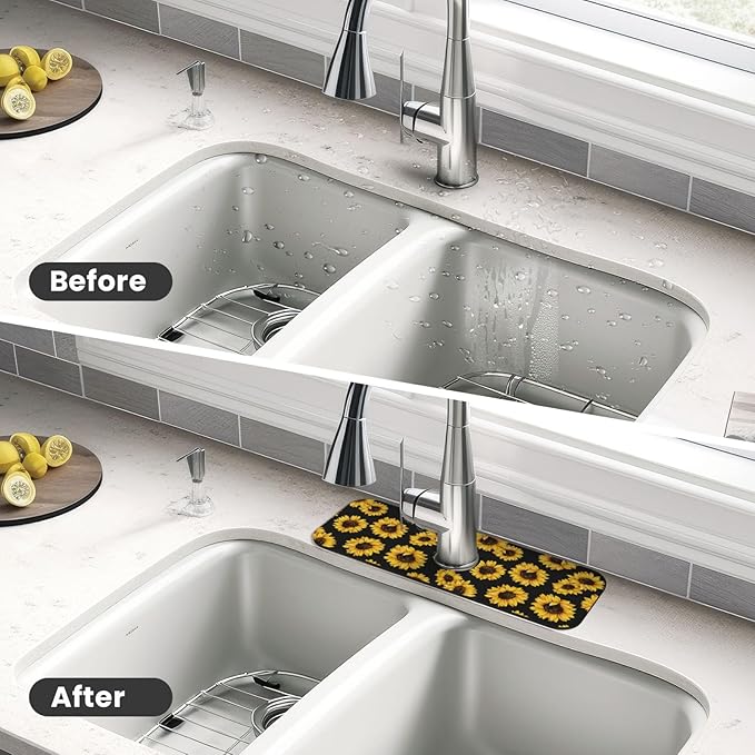 Sunflowers Black Vintage Paingting Kitchen Sink Splash Guard Faucet Mat 1 Pcs