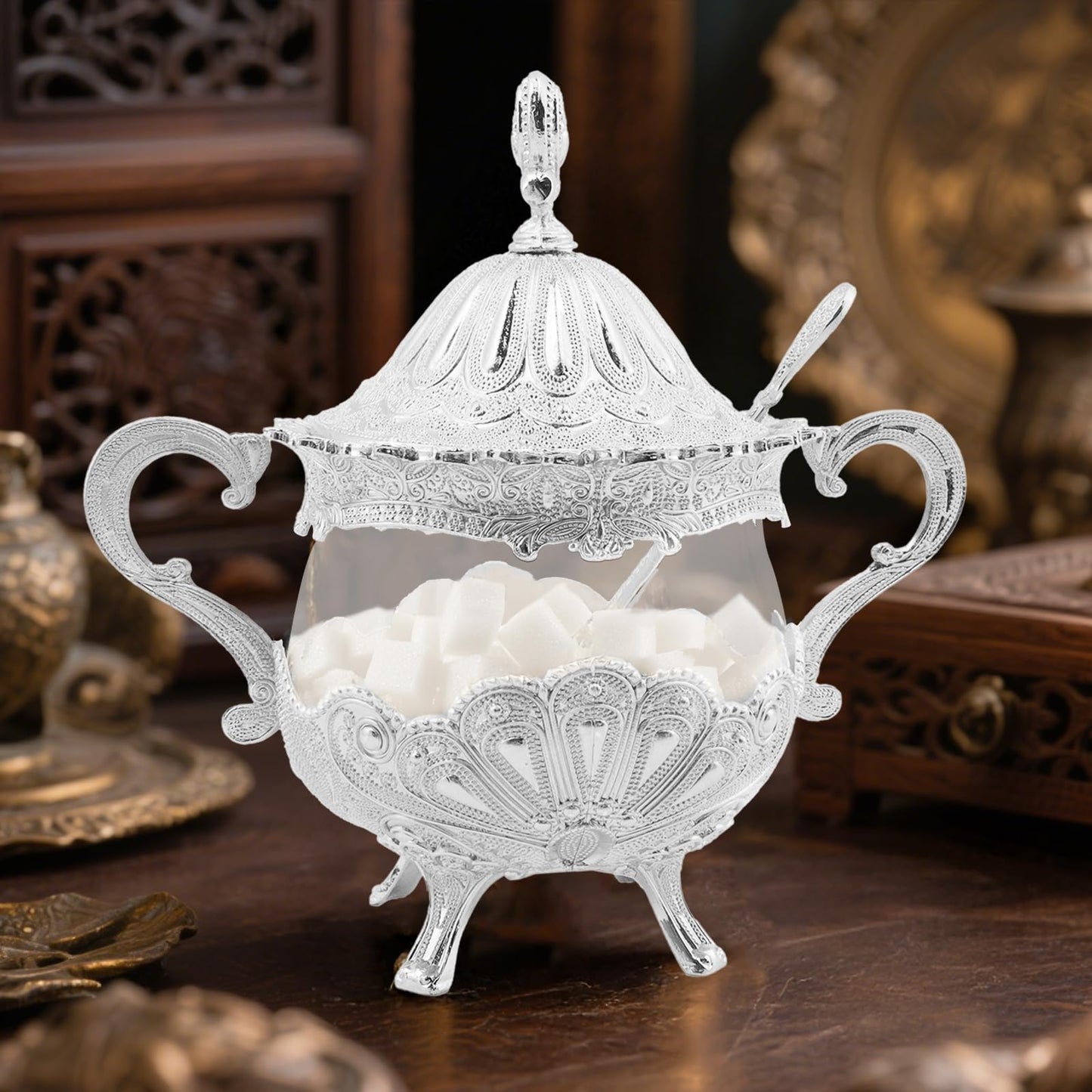 Tsnamay 6.1" Sugar Bowl with Lid and Spoon for Kitchen Coffee Bar and Wedding Party,Sugar Container for Sugar Cube and Powder Sugar,Salt Server,Silver