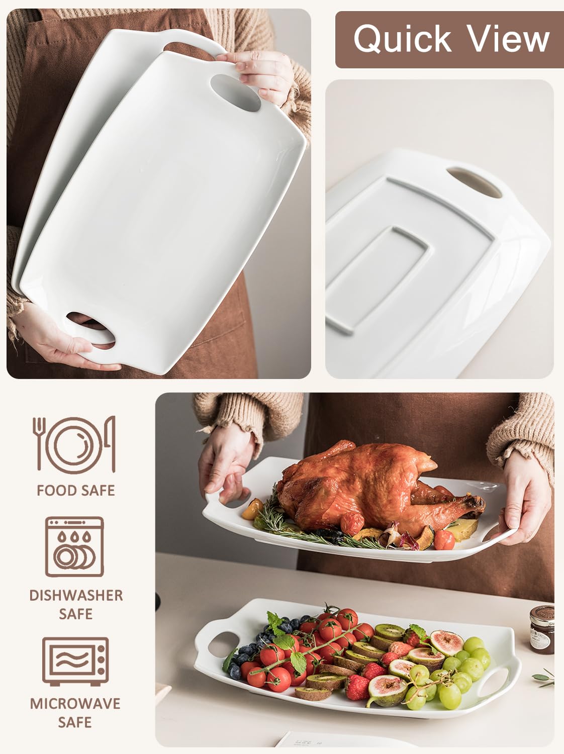 Turkey Serving Platter for Entertainment, Thanksgiving, Turkey, Serving Tray with Handles Large, Party, Display, LYEOBOH 16 inch Rectangle Porcelain Platters Set of 2, White