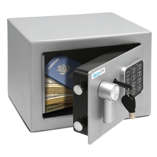 SereneLife Heavy Duty 9.1 x 6.7' Electronic Safe Box | Digital Touch Pad Lockbox with Code 2 Keys | Small Safe Box for Home/Office, Secure Cash, Jewelry, Firearms | Wall/Floor Mountable