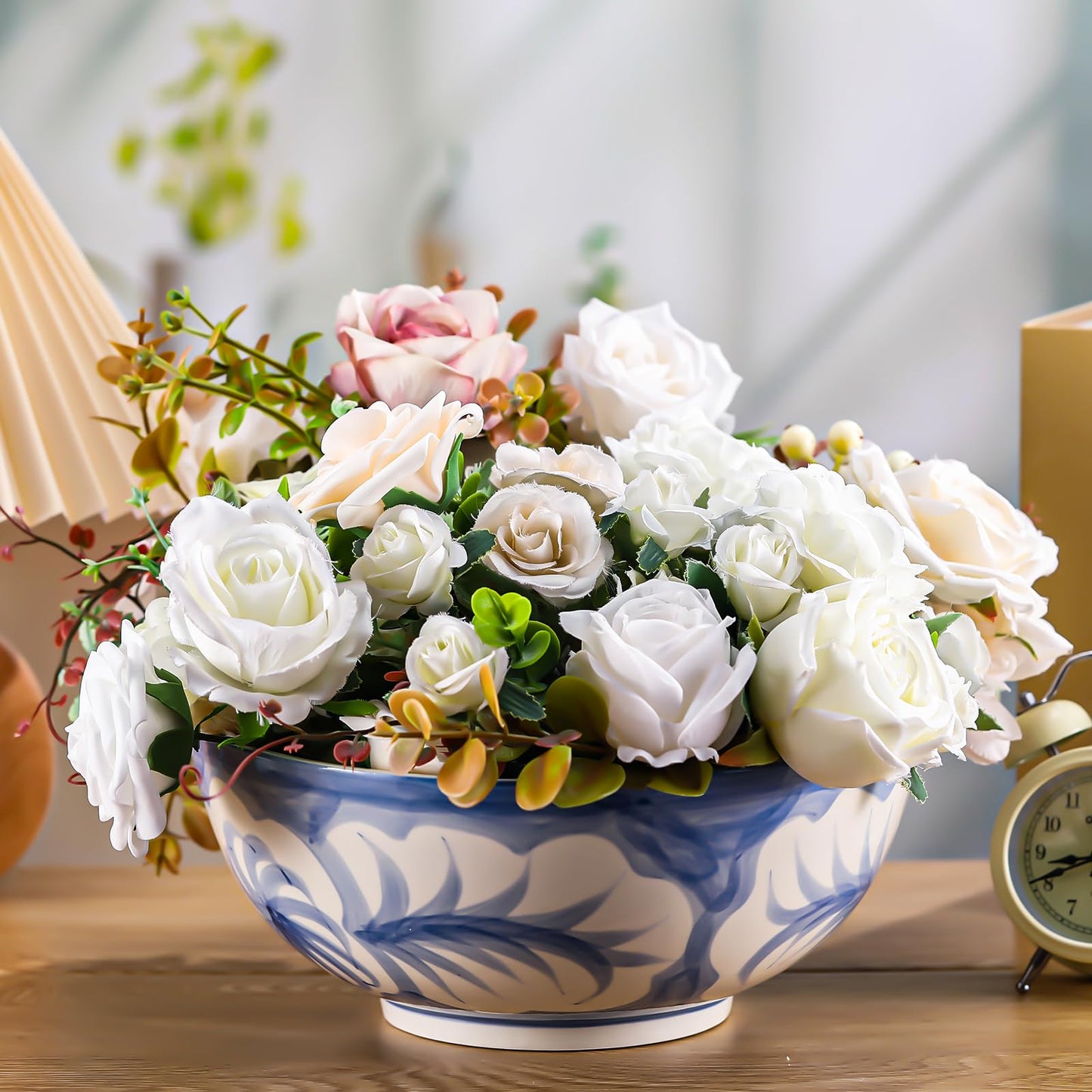 Maxdot Blue and White Bowl 12 x 6 Inch Large Hand Painted Stoneware Decorative Vase Bowl with Floral Chinoiserie Ceramic Design for Kitchen Centerpiece Home Decor