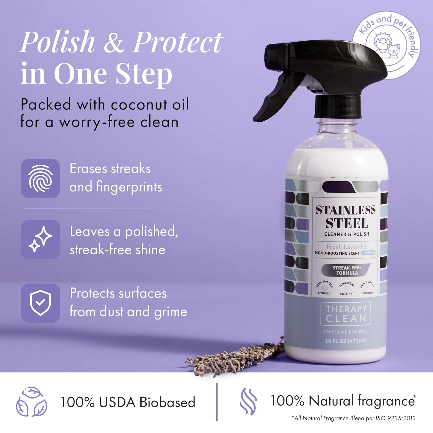 Therapy Stainless Steel Cleaner and Polish 100% USDA Biobased, Fingerprint and Residue Remover, Lavender Essential Oil Scent, Sink Cleaner, Grill Spray