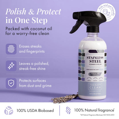 Therapy Stainless Steel Cleaner and Polish 100% USDA Biobased, Fingerprint and Residue Remover, Lavender Essential Oil Scent, Sink Cleaner, Grill Spray