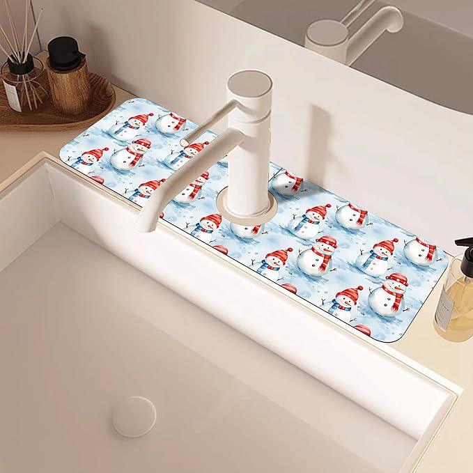 Christmas Snowman with Hat Kitchen Sink Splash Guard Mat Absorbent Fast Drying