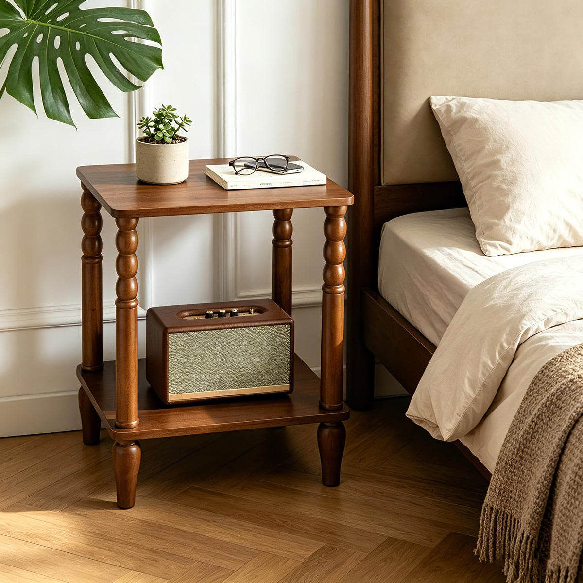 Lampaggio Solid Wood End Table with Storage Shelf, 2-Tier Small Side Table with Vintage Spindle Legs, Narrow Nightstand for Living Room, Bedroom & Small Spaces, Easy Assembly (Brown)