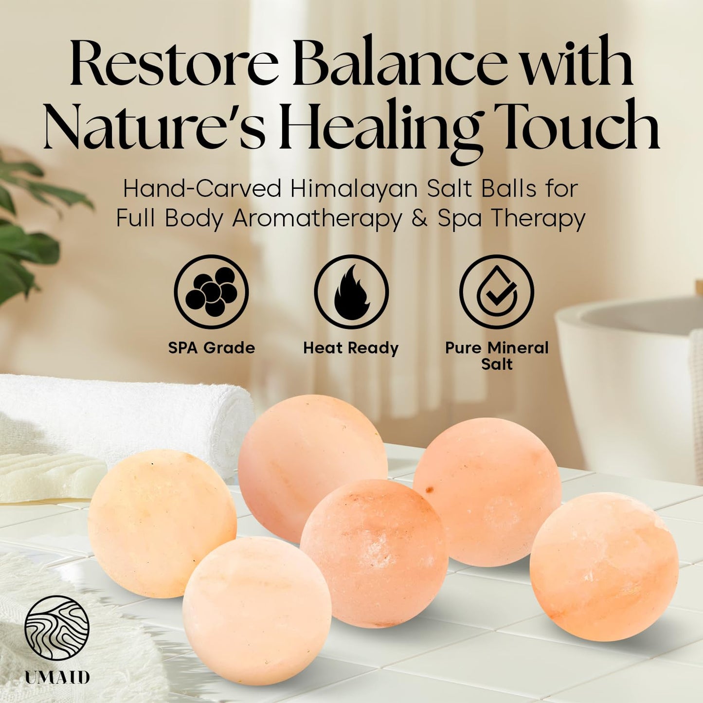 UMAID Himalayan Salt Massage Balls 6-Pack – Natural Himalayan Salt Massage Stones with Cotton Mesh Bag for Hot & Cold Muscle Relief, Spa Massage Therapy, Relaxation & Wellness Gifts for Men & Women