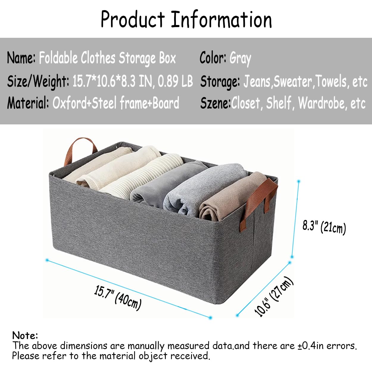 AARAINBOW Linen Closet Organizer Storage Bin with Steel Frame, Stackable Fabric Jeans Baskets for Shelves, 4 Packs Foldable Wardrobe Clothes Box for Sweater Pants Towel Shirt Storage, 23L Gray