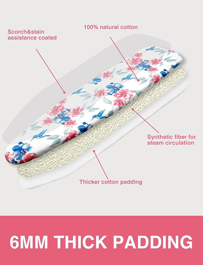 Ironing Board Cover and Pad 15"x54" Extra Thick Natural Cotton, Scorch and