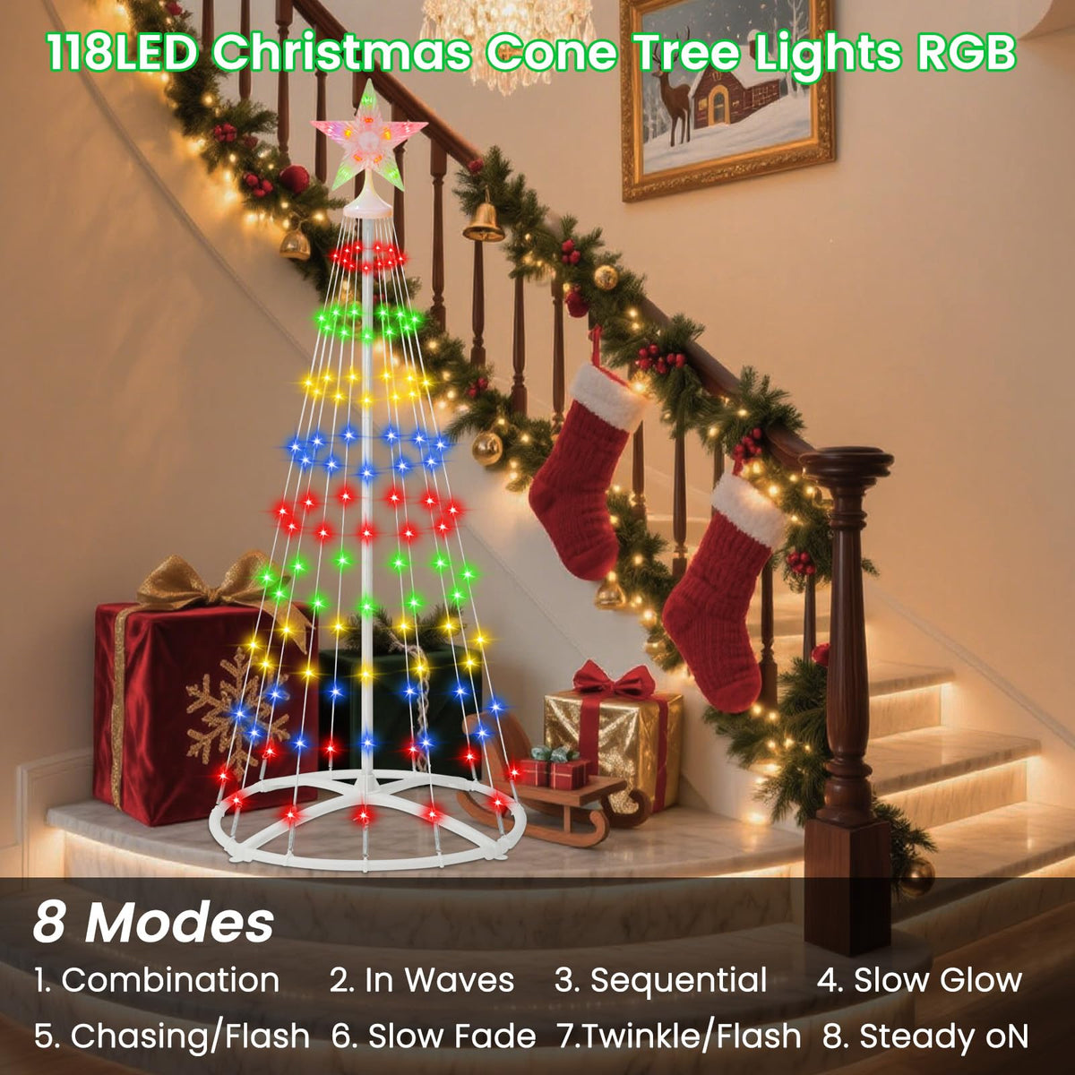 IDEAALS 4FT 118LED Outdoor Solar Christmas Cone Tree Lights, 8 Modes Timer Remote RGB Christmas Tree Lights with Star Topper for Xmas Yard Porch Patio Holiday Decor