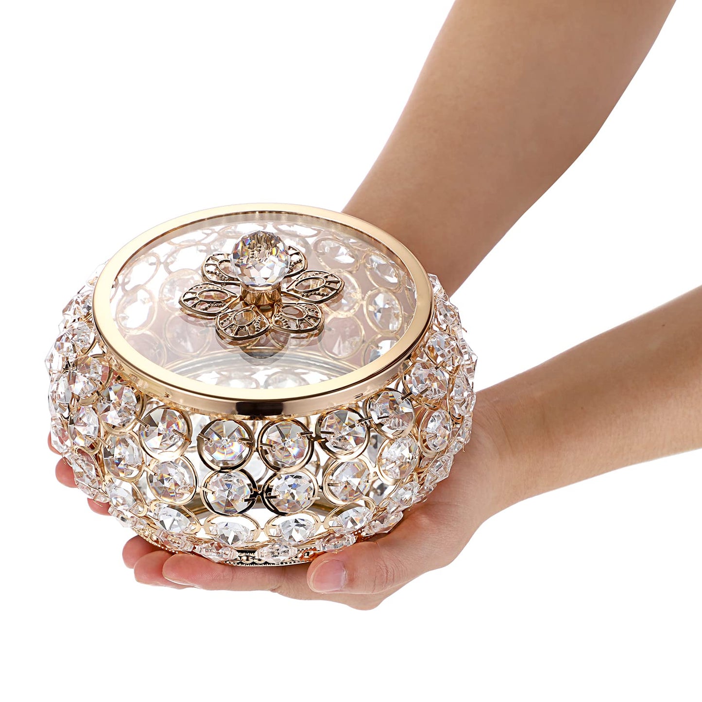 Hipiwe Crystal Jewelry Trinket Box with Glass Lid Large Gold Mirrored Treasure Box Decorative Jewelry Box Ring Earrings Necklace Storage Keepsake Box Gift for Women
