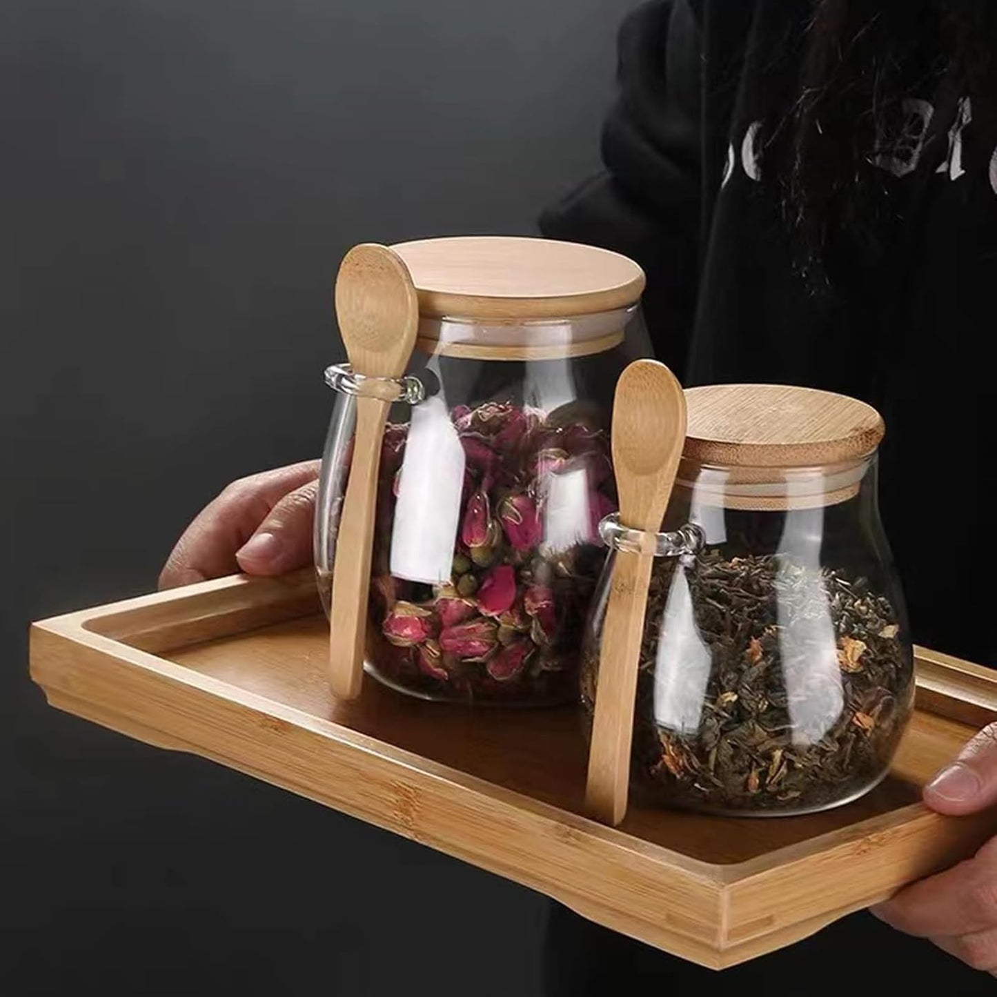 DNIENKGE Airtight glass jar storage container with bamboo lid Set of 4, wide mouth, leak-proof, With a spoon, can be used for coffee beans, tea leaves, grains, dried fruits, etc (Small*4pcs)
