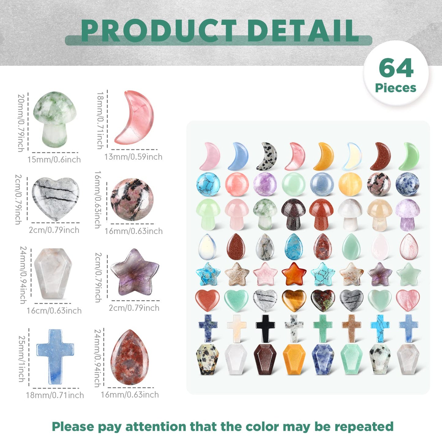 Nuenen 64 Pcs 0.8 Inch Mixed Hearted Crystal Worry Stone Gift Heart Shaped Healing Star Shape Moon Cross Coffin Gemstone Teardrop Palm Pocket Ball for Anxiety Stress Relief Gift Office Witchcraft