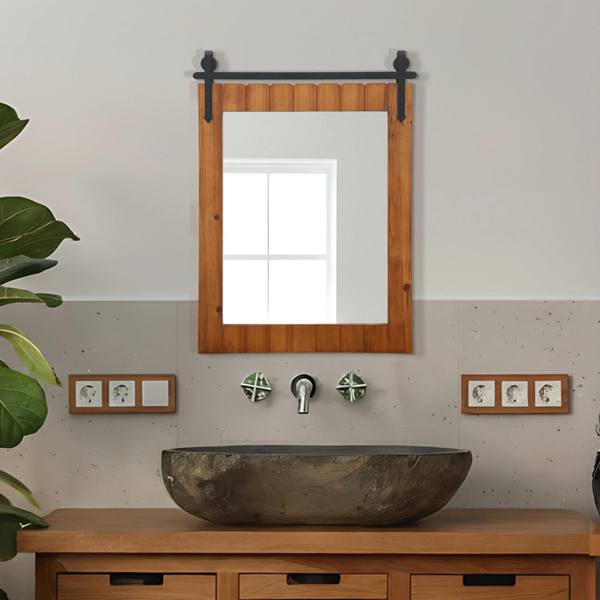 Besdomus Rustic Bathroom Farmhouse Mirror: 22"x30" Brown Western Barn Door Solid Cedar Wood Frame Vanity Mirror - Wall Mounted for Bathroom/Hallway/Living Room - Rustic Decor for Fashion-Conscious
