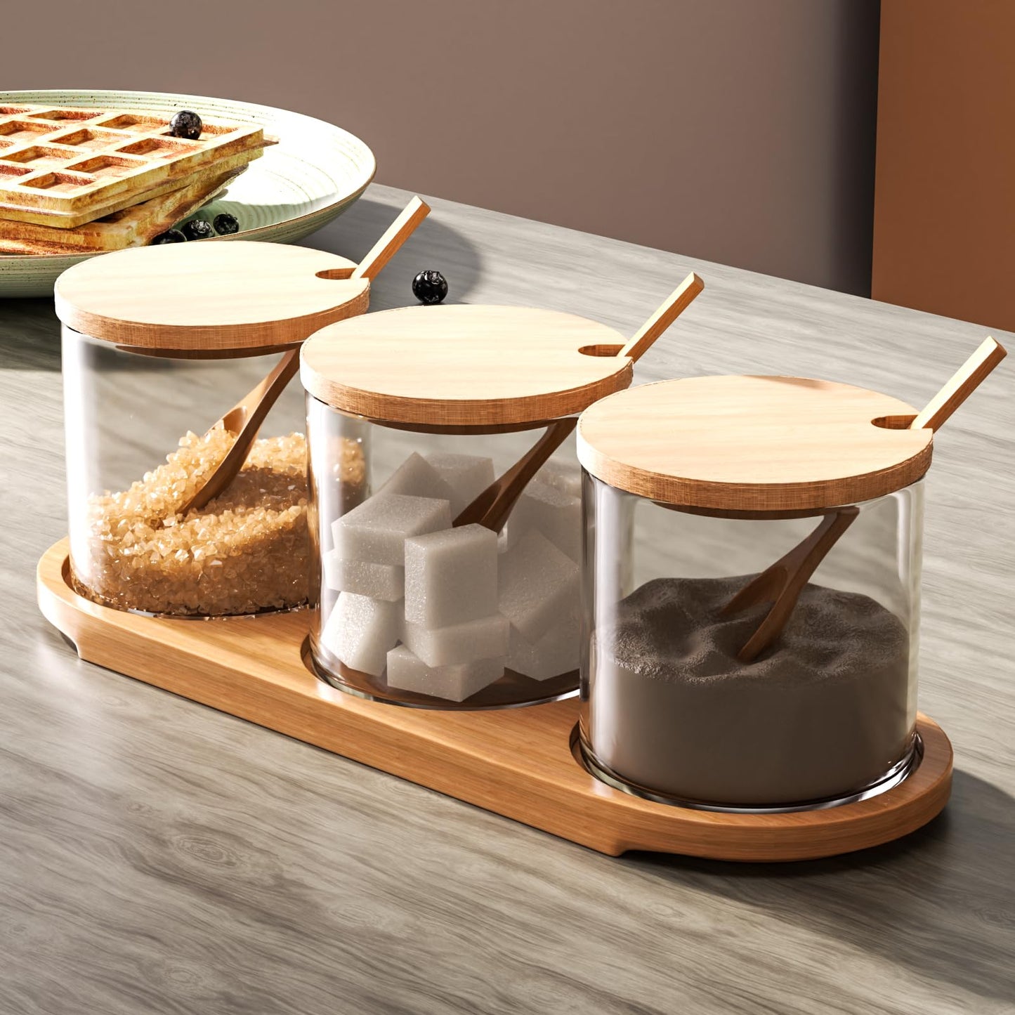 Stylish Glass Canister Set of 3 with Bamboo Lids Tray & Spoons 10 oz Clear Condiment Containers Jars for Coffee Bar, Kitchen Counter Organizer, Decorative Storage for Salt Sugar Coffee Beans Spices
