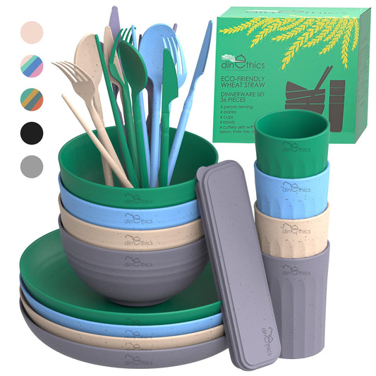 Wheatstraw Dinnerware Set for 4 - Camping Dishes & Utensils - Microwavable Plates - Alternate To Plastic Plates And Bowls - Camping Kitchen Set - Rv Dinnerware - Wheat Straw Dorm Dishes