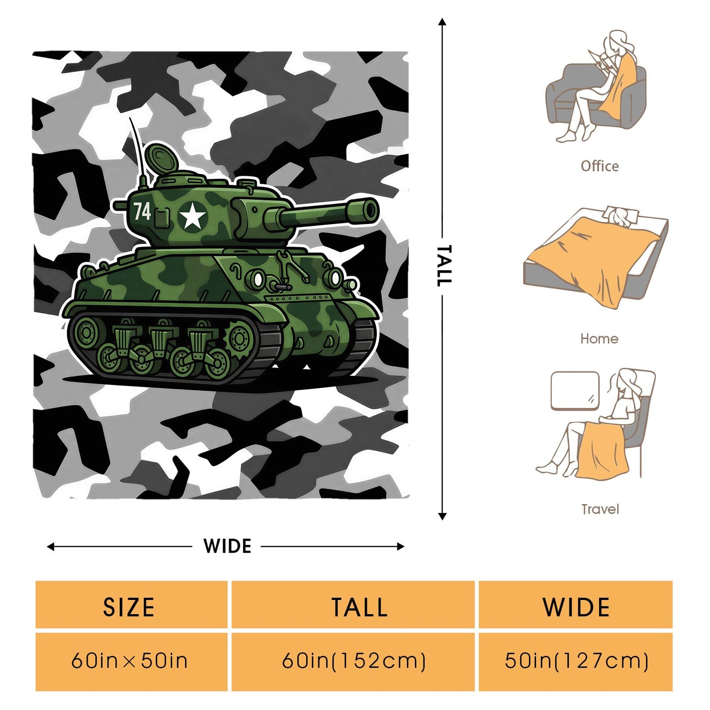 Hohoto Camouflage Tank Throw Blanket, Gifts for Boys Teens Men Veterans, Soft Cozy Blanket for Couch Sofa Bed, Lightweight Warm Decor Throw for Living Room Bedroom, Dorm Travel Nap Blanket, 50"x60"