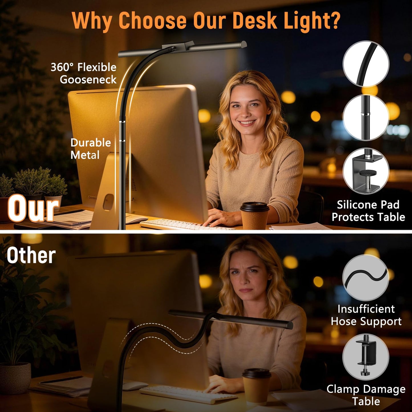 LED Desk Lamp for Home Office, Flexible Gooseneck Desk Lamp with Clamp, 5 Color Touch Control Stepless Dimming Adjustable Eye-Caring Desk Light with Adapter for Reading, Study, Workbench (Black)