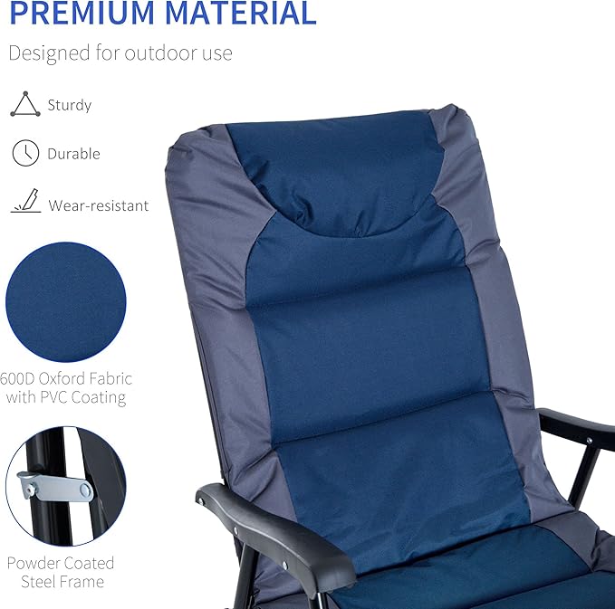 Outsunny Oversized Folding Rocking Camping Chair Set of 2, Padded Outdoor Rockers with High Back and Armrests, Portable Outdoor Patio Chairs with Steel Frame for Garden, Porch, Lawn, Navy Blue