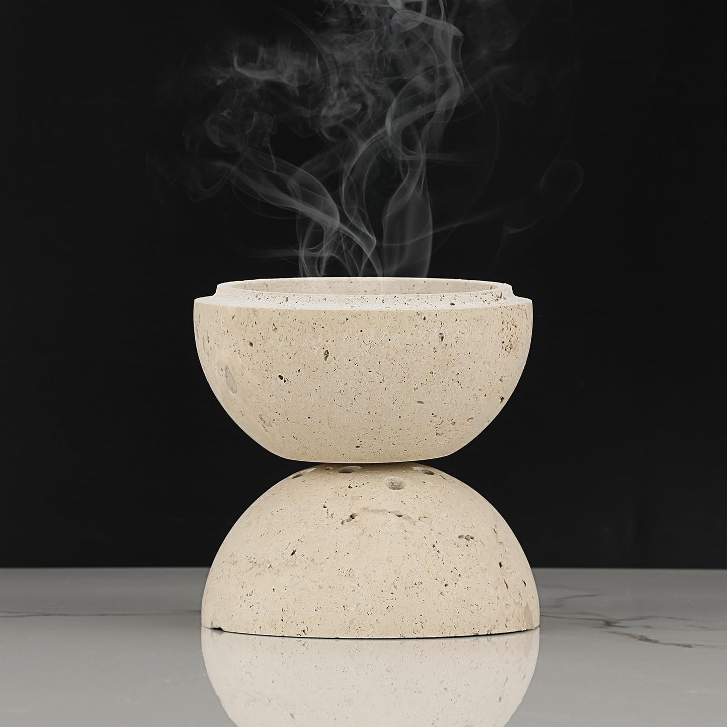 ELLDOO Natural Travertine Incense Cone Holder, Home Decor Handmade Ball Shape Incense Burner for Yoga Meditation SPA Reading, Beige