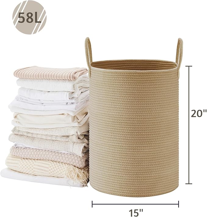 VIPOSCO Large Laundry Hamper, Tall Woven Rope Storage Basket