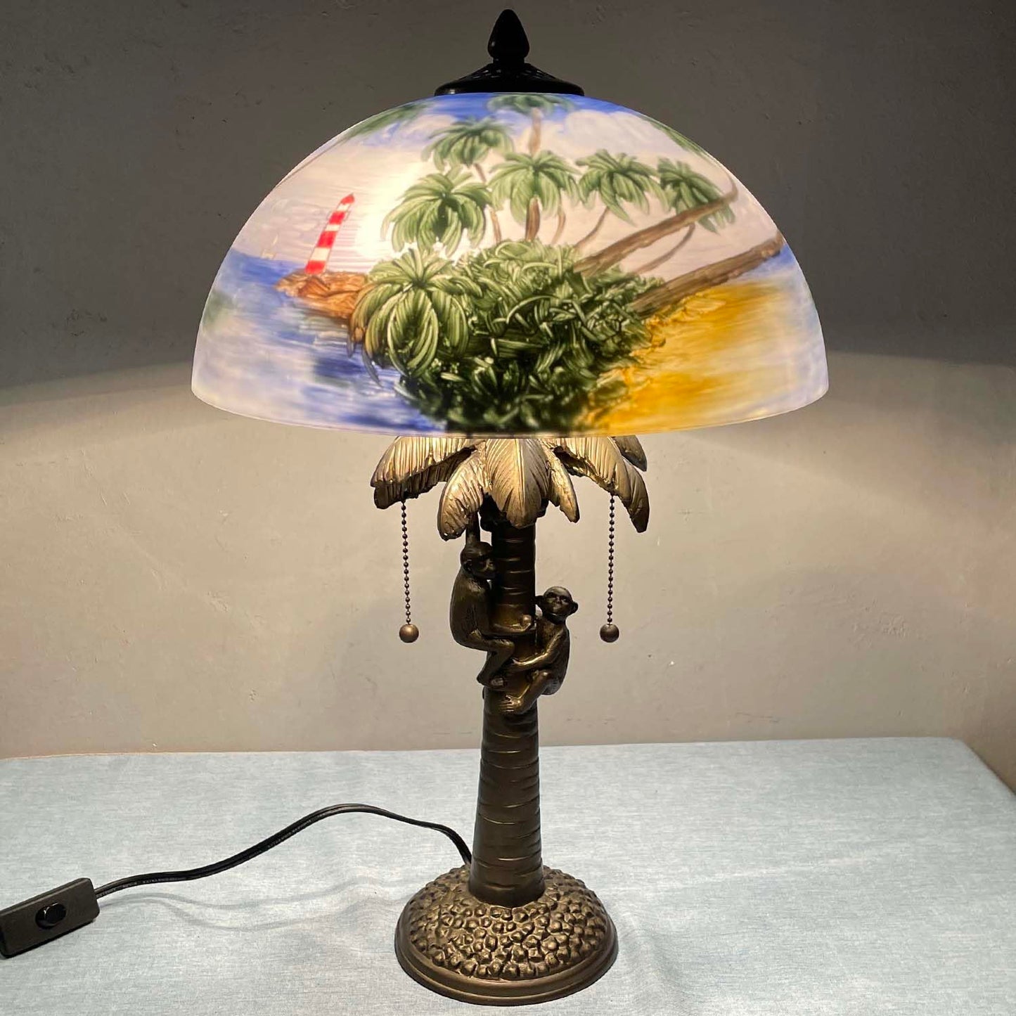 Bieye L10944 Coconut Trees Tropical Beach Hand-Painted Glass Table Lamp with Monkeys Harvesting Coconuts Lamp Base for Home Decor
