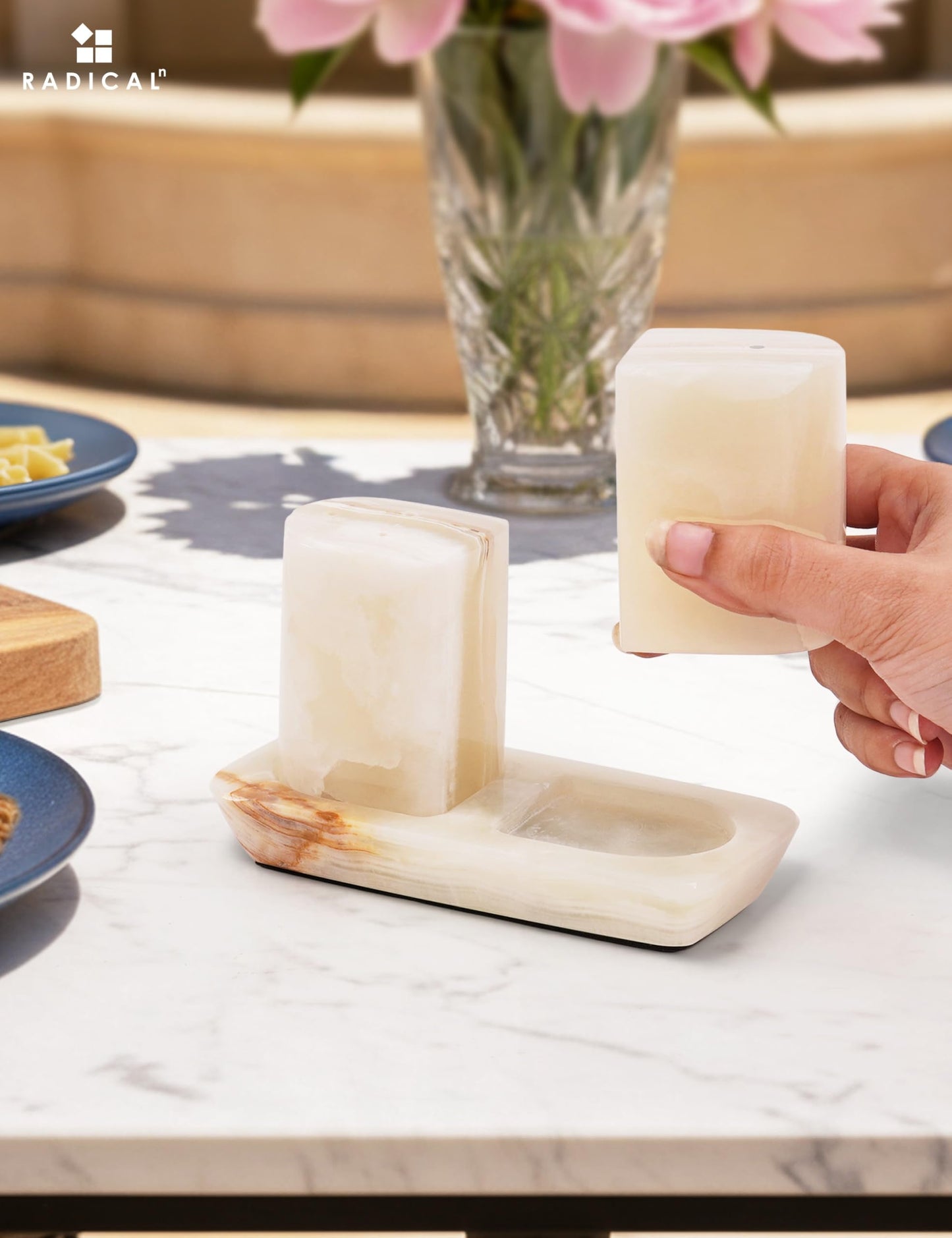 Radicaln Marble Salt & Pepper Shakers 2.5" White Onyx Modern Kitchen Essentials for Cooking and Dining, Stone Spice Holder & Saleros for Black Pepper, Pink Salt, Home & Farmhouse Decor