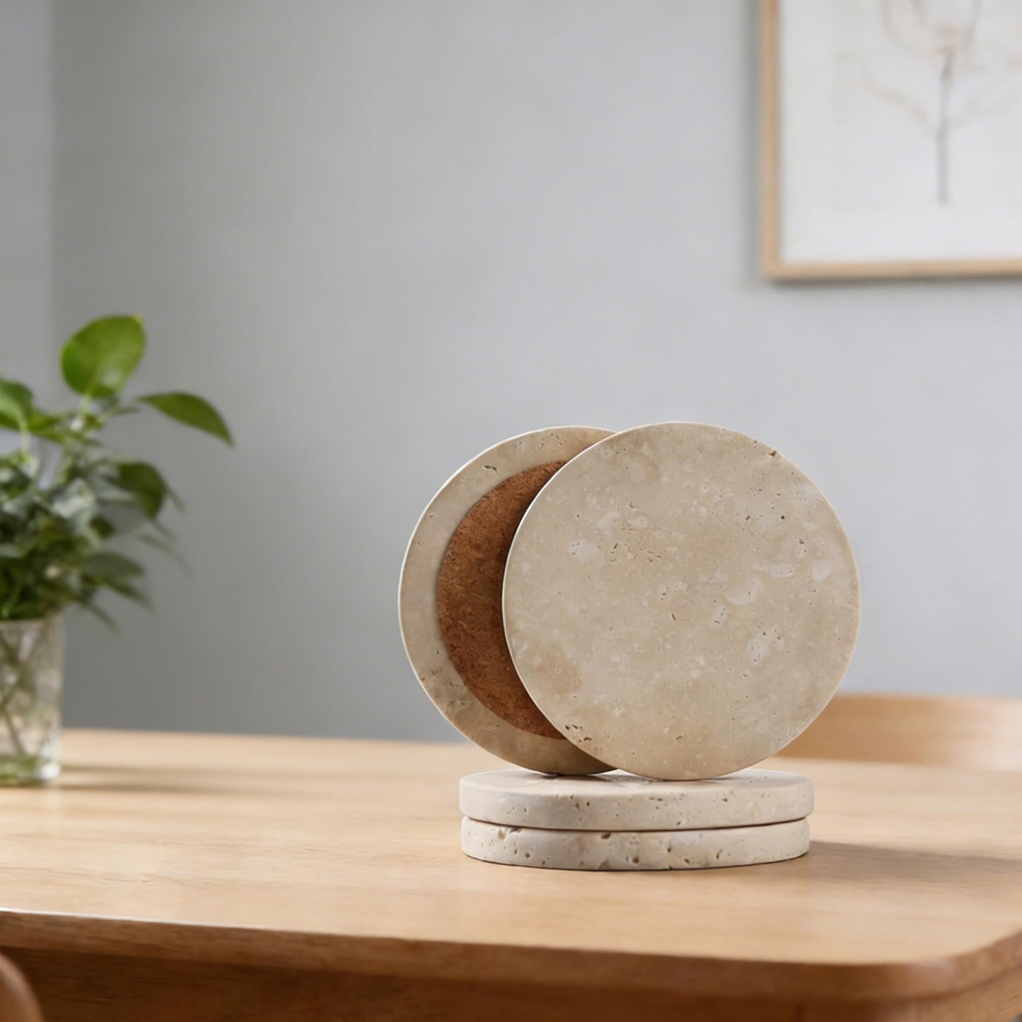 Travertine Stone Coasters, Set of 4, 4-Inch Round Protect Table Surfaces from Stains & Heat - Ideal Housewarming or Wedding Gift - Long-Lasting, Absorbent, and Modern for All Drinkware