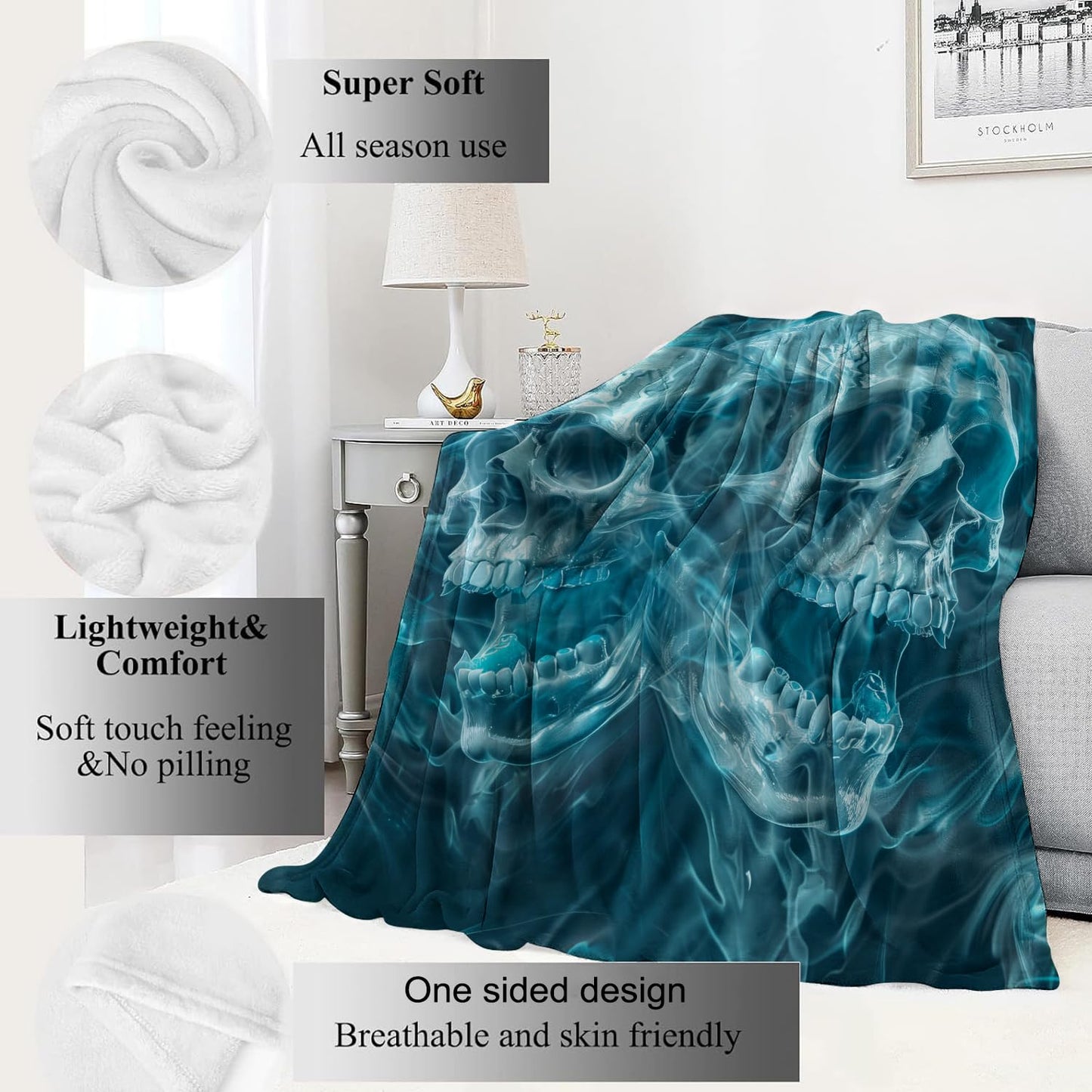 VODRM Gothic Blue Skull Blanket,Goth Spooky Throw Blankets,Gifts for Women Men, Lightweight Soft Fleece Cozy,for Sofa Couch Bed Room Travel,Festival Halloween Aesthetics Decor,50x60in