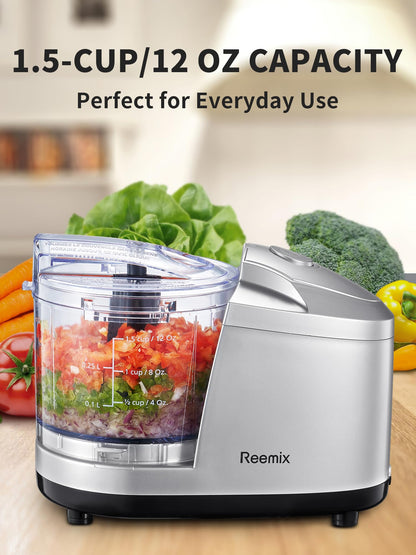 Reemix 1.5-Cup One-Touch Electric Food Chopper, 100W Mini Food Processor Meat Grinder, Mix, Chop, Mince and Blend Vegetables, Fruits, Nuts, Meats, Stainless Steel Blade (Black)