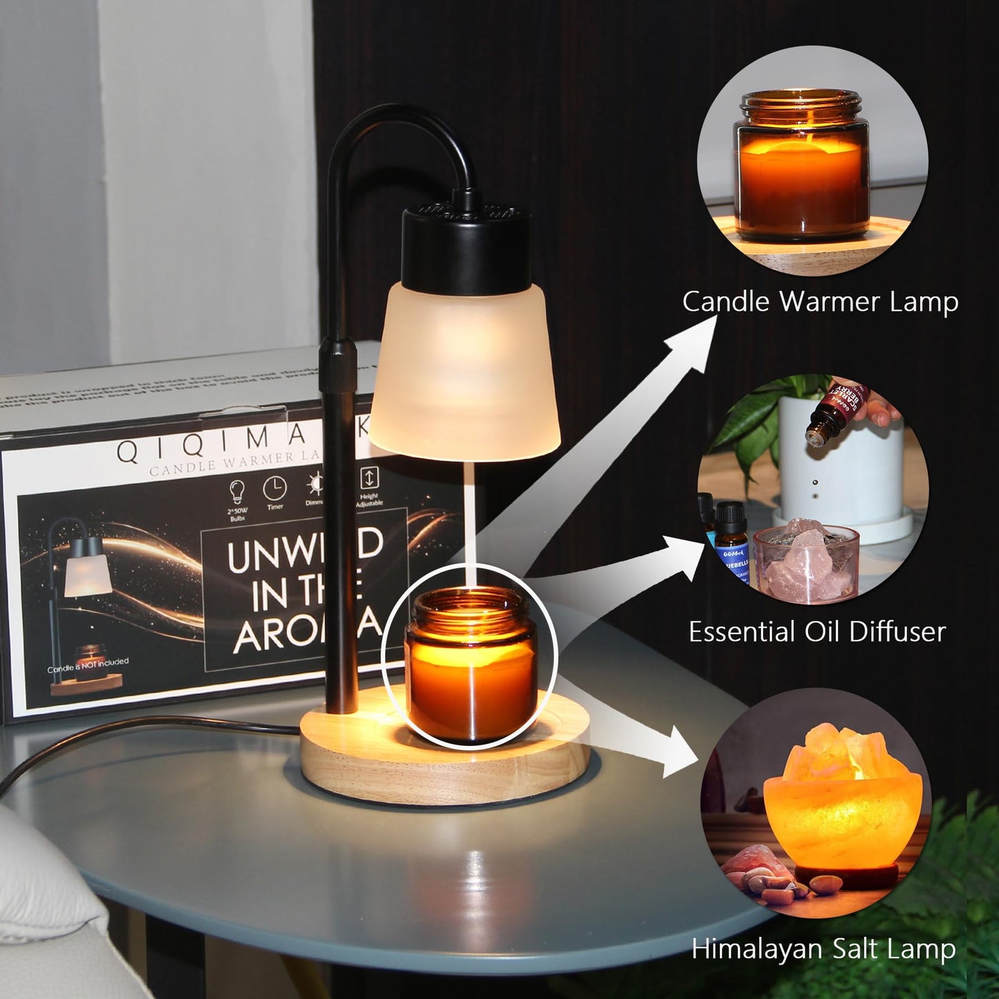 Candle Warmer Lamp Essential Oil Diffuser, Adjustable Height Dimmable Candle Warmer with Timer for Bedroom Living Room Home Decor, Christmas Birthday Gifts for Women, Black with 2 Bulbs