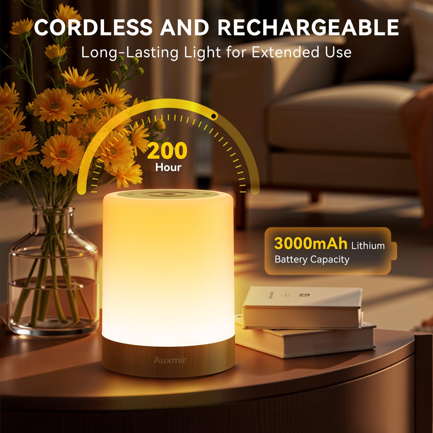 Auxmir Night Light, 3000mAh Rechargeable LED Table Lamp, Smart Dimmable Touch Control Bedside Lamp with RGB Color Changing & 4 Modes, Portable Night Light for Kids, Bedroom, Living Room, Camping