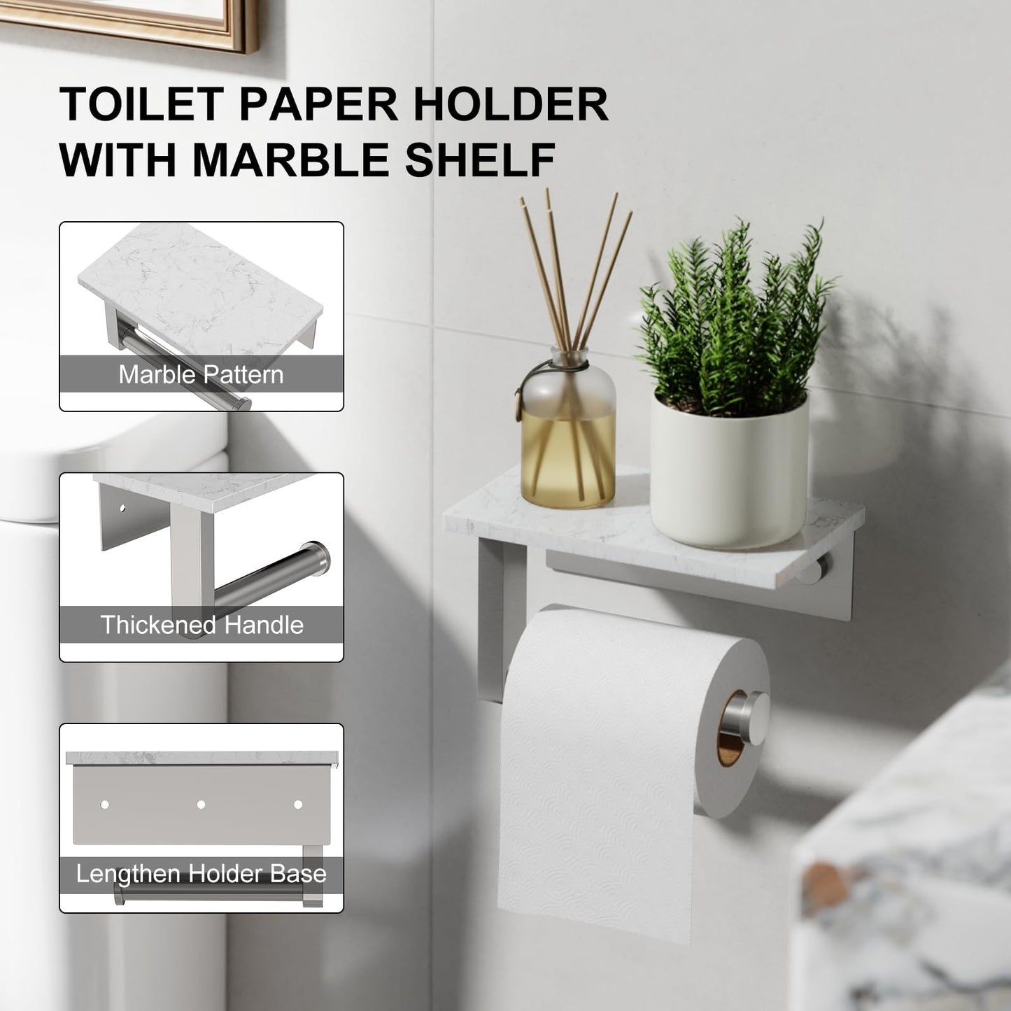 BATHLAVISH Toilet Paper Holder with Marble Shelf, 304 Stainless Steel Tissue Hand Holder Wall Mounted Toilet Paper Roll Hold with Phone Shelf for Bathroom Kitchen Washroom Bedroom, Brushed Nickel