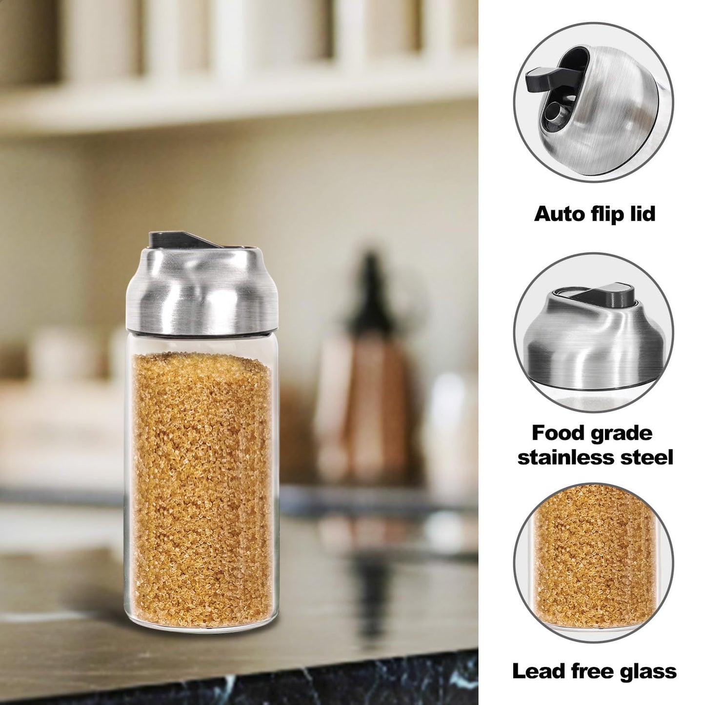 14oz Glass Sugar Dispenser with Spout - Refillable Pour Shaker for Coffee Bar, Tea Station & Table - Large Airtight Sugar Container for Kitchen Counter